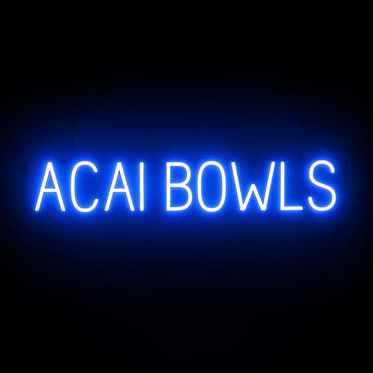 SpellBrite ACAI BOWLS Sign | Cafe-Related Sign with Neon Look, Blue LED Light Source | 37.2" x 6.3"