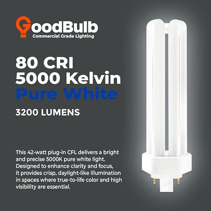 GoodBulb 42 Watt CFL Light Bulbs 4 Pin GX24Q-4 Base 5000K Daylight 42W High Output 3200 Lumens Triple Tube Compact Fluorescent Light Bulbs Plug-in 10 Pack