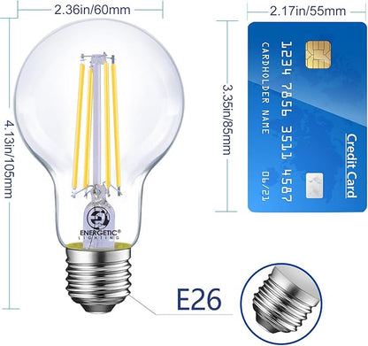 Energetic Dimmable LED Filament Light Bulbs, 8W, 60 Watt Equivalent, Cool White 4000K, Classic Clear Glass, A19 LED Light Bulb, 12 Pack