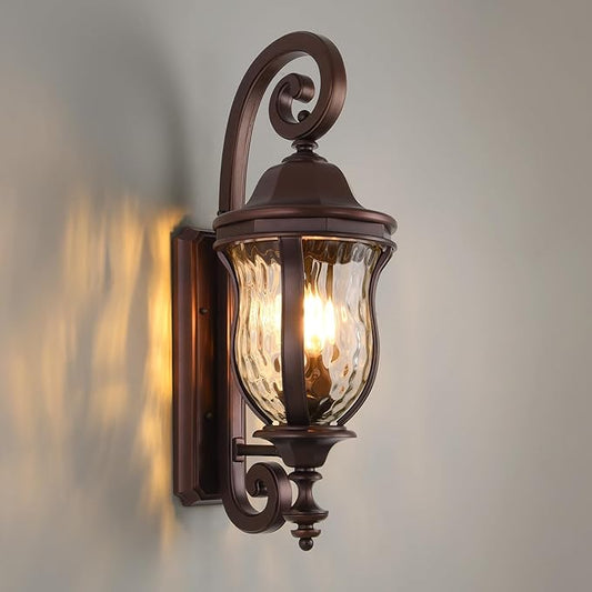 Coffee Exterior Wall Sconces, 28" H Large Outdoor Wall Light Fixtures with Water Glass, Waterproof Outdoor Lights Wall Mount with Decorative Patterns for Porch, Front Door