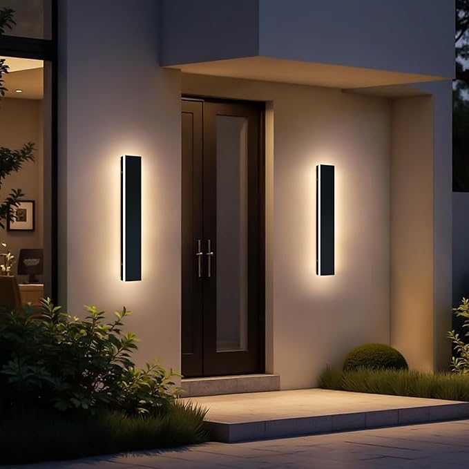 Upgrade Widened 2 Pack Modern LED Wall Sconce, 23.6inch Outdoor Exterior Wall Light, 3000K Warm White, 24W, IP65 Waterproof, Black Outside Long Linear Patio Lighting for House, Garage, Yard