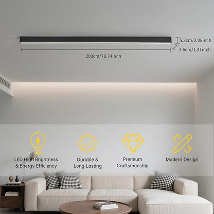 Black ceiling light LED, modern and simple, long strip ceiling surface installation, suitable for living room, bedroom, corridor and kitchen, remote control to switch color and brightness, 78.7 inches