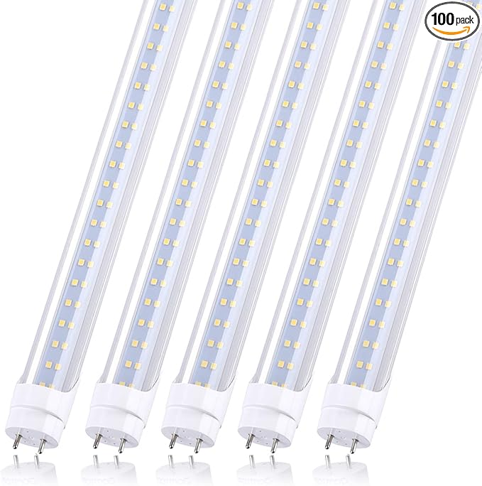 4FT T8 LED Tube Light Two Rows LED Chips, Ballast Bypass Required, 28W, 80W Replacement LED Bulb Lights, 3360 Lumens, Cold White 6000K, Dual-End Powered Clear Cover AC 85-265V Pack of 100