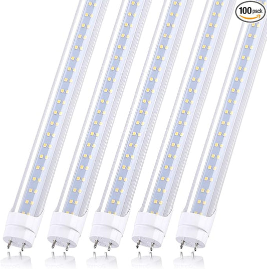 4FT T8 LED Tube Light Two Rows LED Chips, Ballast Bypass Required, 28W, 80W Replacement LED Bulb Lights, 3360 Lumens, Cold White 6000K, Dual-End Powered Clear Cover AC 85-265V Pack of 100