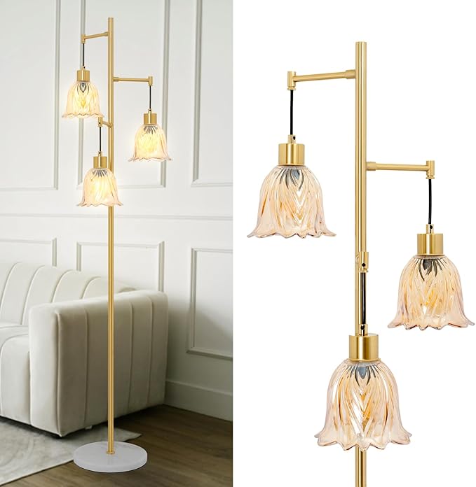 Mid-Century Modern Floor Lamp with Gold Flower Glass Shade - Vintage Brass Tree Standing Light for Living Room, Bedroom, Reading Book - Farmhouse, Bohemian, Boho Chic Home Decor