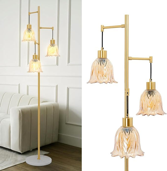 Mid-Century Modern Floor Lamp with Gold Flower Glass Shade - Vintage Brass Tree Standing Light for Living Room, Bedroom, Reading Book - Farmhouse, Bohemian, Boho Chic Home Decor