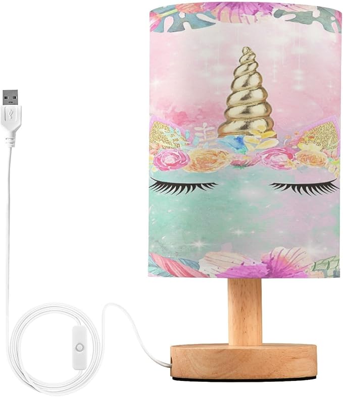 Bedside Lamp Unicorn Table Lamp for Bedroom LED Nightstand Lamp Shade USB Ports Wood Base for Living Room Dorm Office