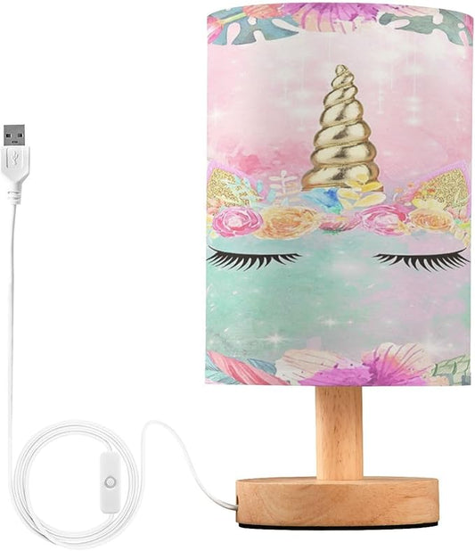 Bedside Lamp Unicorn Table Lamp for Bedroom LED Nightstand Lamp Shade USB Ports Wood Base for Living Room Dorm Office