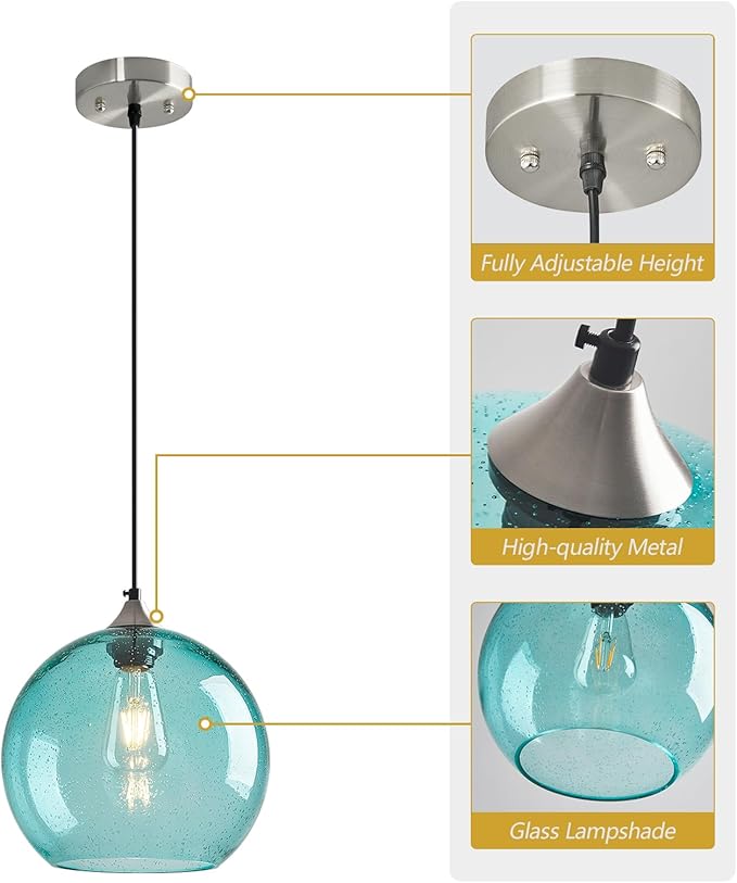 Light Blue Glass Pendant Lights Kitchen Island Globe Pendant Light Fixtures Modern Pendant Lighting for Bedroom Living Dining Room Light Fixture (9.84 in, 2 Pack)