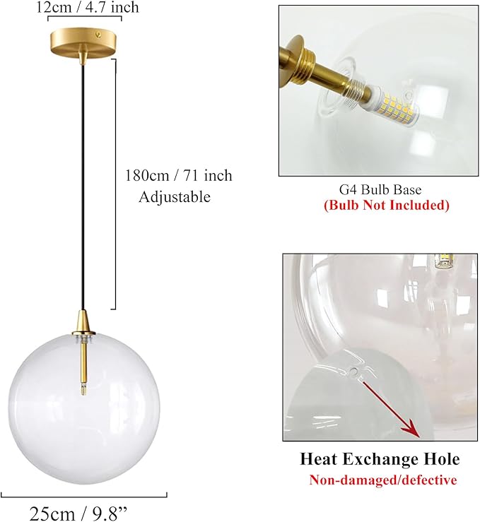 Minimalist Transparent Glass Ball Pendant Light in Gold Finish, Height Adjustable G4 LED Ceiling Haning Light for Dining Room & Living Room (25CM)