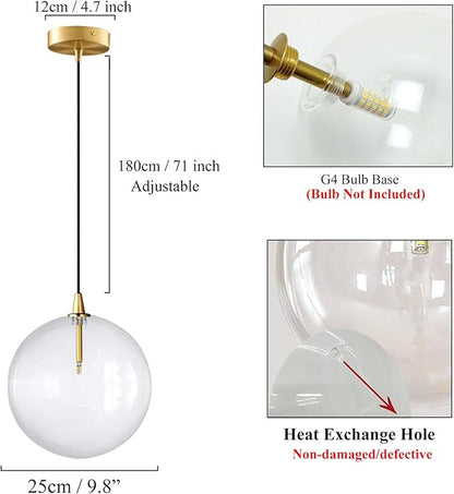 Minimalist Transparent Glass Ball Pendant Light in Gold Finish, Height Adjustable G4 LED Ceiling Haning Light for Dining Room & Living Room (25CM)