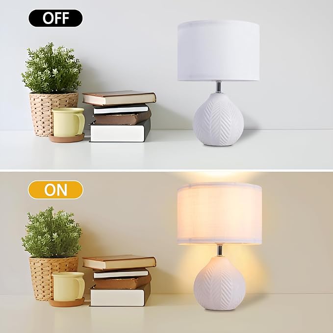 12" Ceramic Table Lamps Set of 2, Small White Bedside Nightstand Lamps with Linen Shade, Farmhouse Rustic Mid Century Modern Lamp for Bedroom Living Room Office Nursery, Cute Desk Lamp for Reading