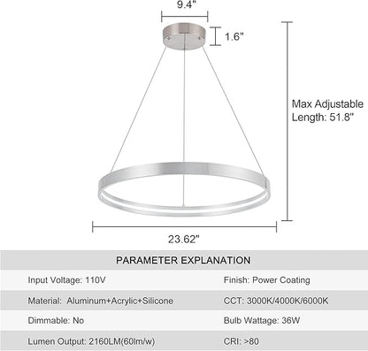 Modern Led Chandeliers, Non-Dimmable Contemporary LED Chandeliers 1 Ring, Hanging Led Modern Pendant Light Fixture for Living Room Kitchen Dining Room Office Brush Nickel-3000K/4000K/6000k