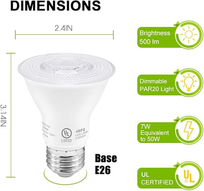 7W Par20 LED Bulb (50W Equivalent), UL Listed, 2700k Ultra Warm White Dimmable Flood Bulbs Lights, 500 Lumens, E26 Base, Recessed Lighting for Indoor Outdoor, 6 Pack