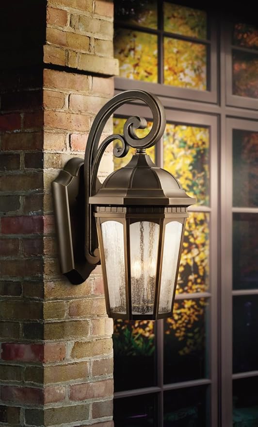 Kichler Courtyard 3-Light Outdoor Wall Light in Rubbed Bronze Finish with Clear Seeded Glass Shades for Porch, Patio and Garage Entryways, (22.25" H x 10.5" W) 9034RZ