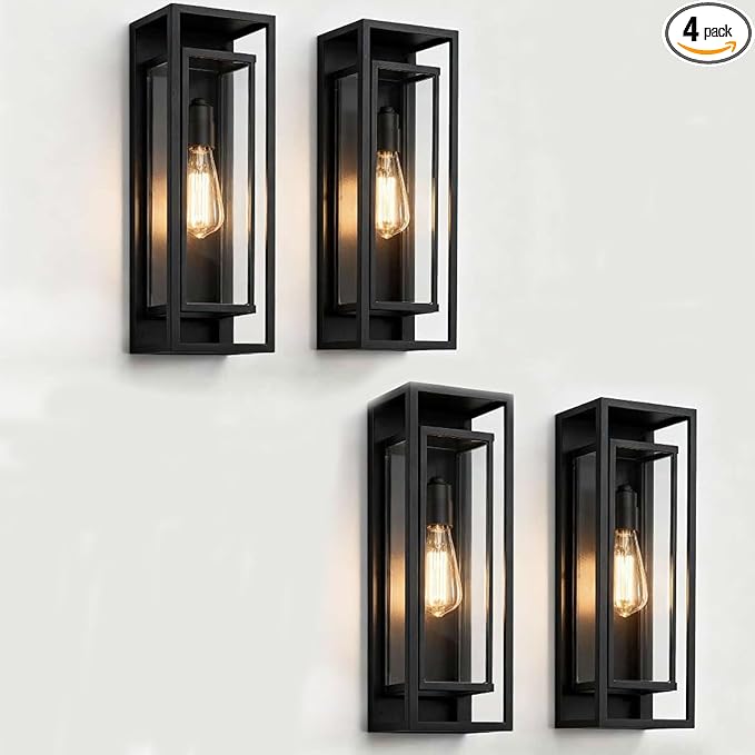 4Pack 18inch Outdoor Wall Light Fixtures, Exterior Waterproof Modern Matte Black Wall Lamps with Glass Shades,E26 Sockets Porch Light for Front Door Patio Entryway