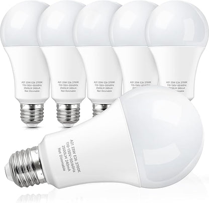 KINDEEP A21 LED Light Bulbs Soft White, 150-200 Watt Equivalent E26 LED Bulbs, 23W Super Bright Light Bulbs, 2500 Lumens, 2700K Soft White for Home Bedroom Living Room, Non-Dim, 6 Pack