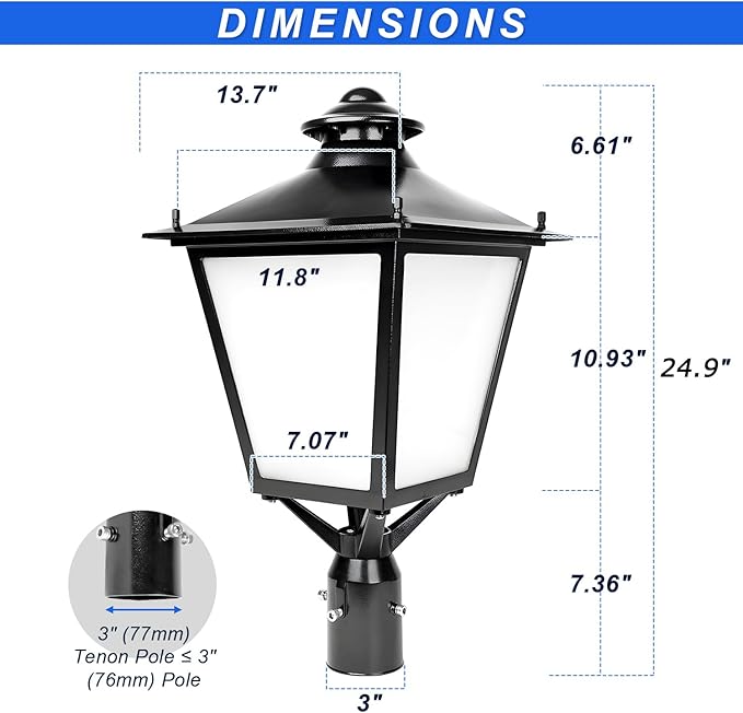 LED Post Top Light 60W/50W/30W Power Tunable, 3CCT 3000K/4000K/5000K Outdoor Post Pole Lights, IP65 Waterproof LED Parking Lot Light for Garden Yard Street Lighting, AC100-277V UL DLC Listed