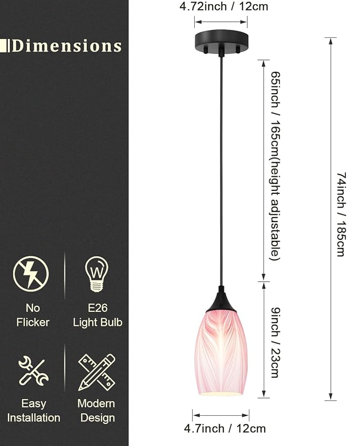 ANYLOVE Vintage Art Pendant Gold-Pink Stripe Lighting,1-Pack Hand Glass Hanging Light Fixture,Adjustable Cord for Kitchen,Hallway,Dining Room