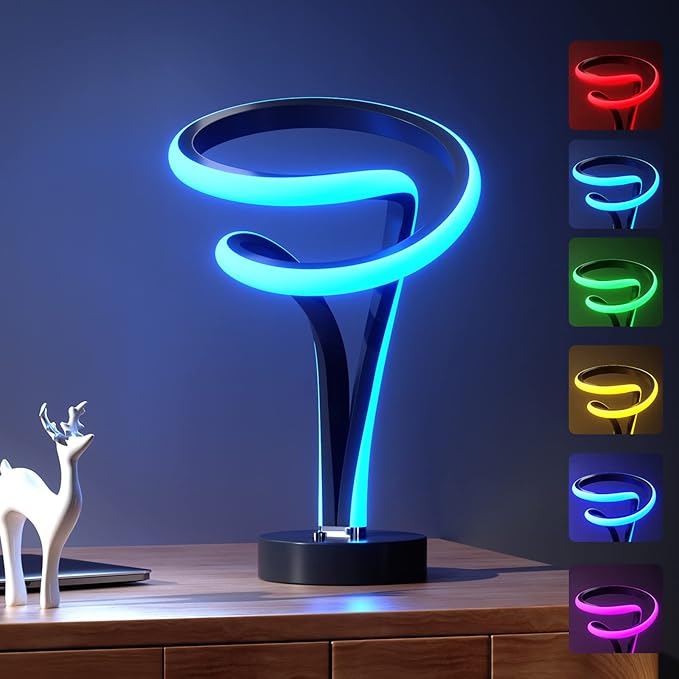 Modern Spiral RGB Table Lamp, Unique, 7 Colors 10 Light Modes LED, Touch Dimmable Cool Nightstand Lamps for Living Room Bedroom Office, Ideal Gift (Black)