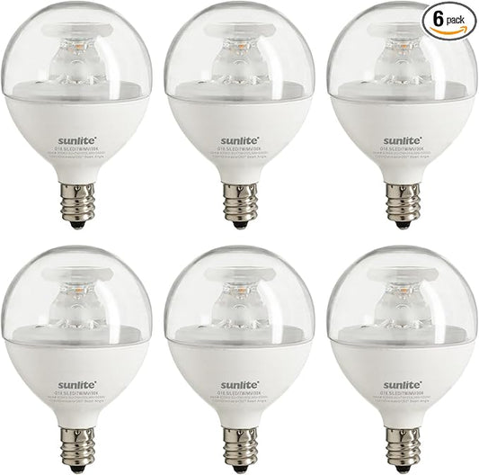 Sunlite LED G16.5 Light Bulb, 5 Watts (40W Equivalent), 350 Lumens, 90 CRI, Candelabra Base (E12), Clear Finish, Dimmable, Title-20 Compliant, ETL Listed, 6 Pack, 3000K Warm White