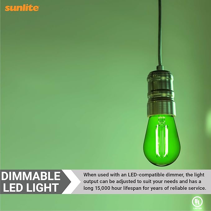 Sunlite LED S14 String Light Bulb, 2 Watts (25W Equivalent), Medium E26 Base, Party Decoration, Holiday Lighting, Transparent, Dimmable, UL Listed, Green, 6 Count
