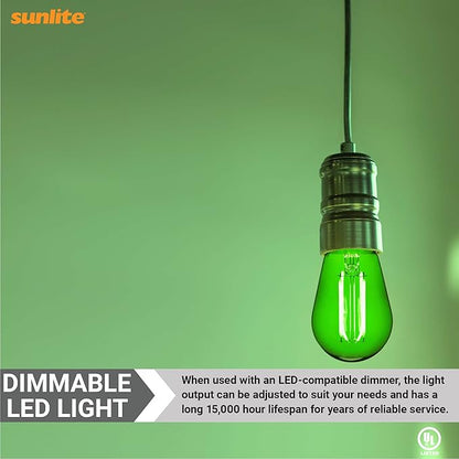 Sunlite LED S14 String Light Bulb, 2 Watts (25W Equivalent), Medium E26 Base, Party Decoration, Holiday Lighting, Transparent, Dimmable, UL Listed, Green, 6 Count