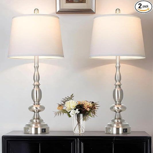 29" Tall Modern Silver Table Lamps Set of 2, 3-Way Dimmable Touch Living Room Lamp with USB A+C Charging Port, Brushed Nickel Metal Farmhouse Bedside lamp for Bedroom Nightstand Side Table Desk Office