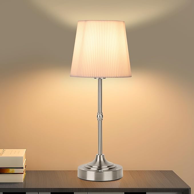 Cordless LED Table Lamp,Portables Fabric Shade Desk Lamps, 5000mAh Rechargeable Battery Powered Lighting, Dimmable Light for Dining Room, Bedroom, Bedside, Night Light, Balcony (Sliver-02)