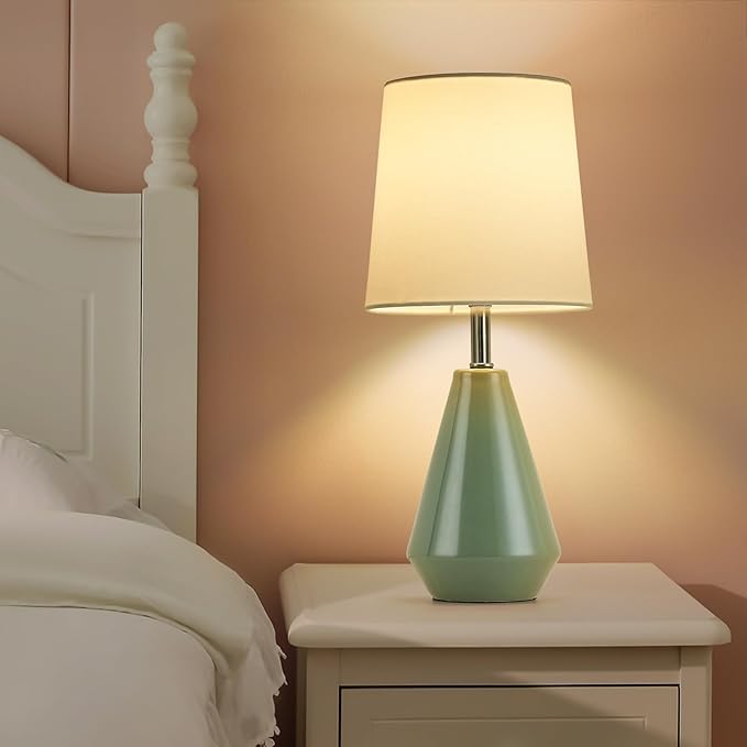 Small Bedside Table Lamp for Bedroom - Reading Desk Lamp with 3 Color Temperatures，15.5" Nightstand Ceramic Lamp with Fabric Shade for Kids Room,Living Room,Dorm,Home Office (Green+White)