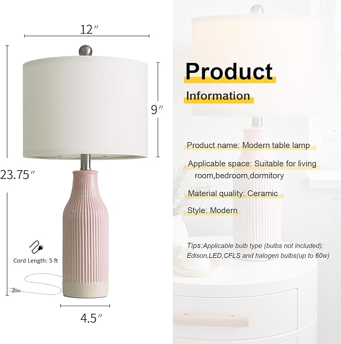23.75inch Pink Modern Ceramic Bedside Lamp Set of 2 for Bedroom Decor Farmhouse Table Lamp for Living Room Office Dorm