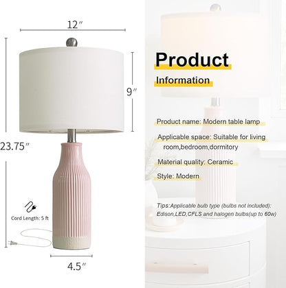 23.75inch Pink Modern Ceramic Bedside Lamp Set of 2 for Bedroom Decor Farmhouse Table Lamp for Living Room Office Dorm