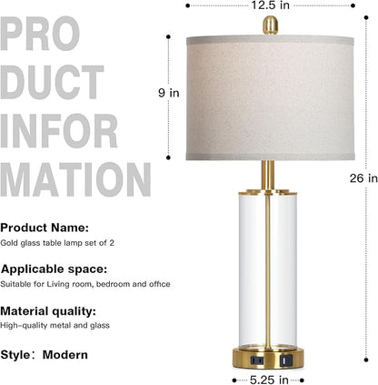26" Gold Glass Table Lamps Set of 2, 3-Way Dimmable Touch Control Living Room Lamp with USB C+A Ports & AC Outlet, Modern Bedside Lamps, Elegant Bedroom Lamps for Nightstand Side End Table Desk