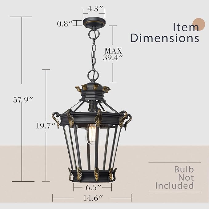 Emliviar Vintage Outdoor Pendant Light, 20 Inch Large Exterior Hanging Porch Light with Clear Glass, Die-Cast Aluminum in Black Finish, XE267H BG