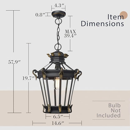 Emliviar Vintage Outdoor Pendant Light, 20 Inch Large Exterior Hanging Porch Light with Clear Glass, Die-Cast Aluminum in Black Finish, XE267H BG