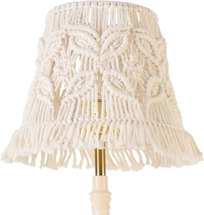 White Ivory Bell Lamp shade Medium Boho Lampshade 7.5``Top x 12``Bottom x 11``High(Spider) Handmade Woven Lamp shade for Table Lamp & Bedside Lamp - Replacement Tassel Lampshade