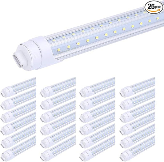 R17d 8FT LED Tube Light Bulbs 65W，270 Degree V Shaped LED Chip Bulbs,T8 6000K Cool White,Clear Cover,85V-265V, Dual-Ended Powered, Rotatable HO Base (Pack of 25)
