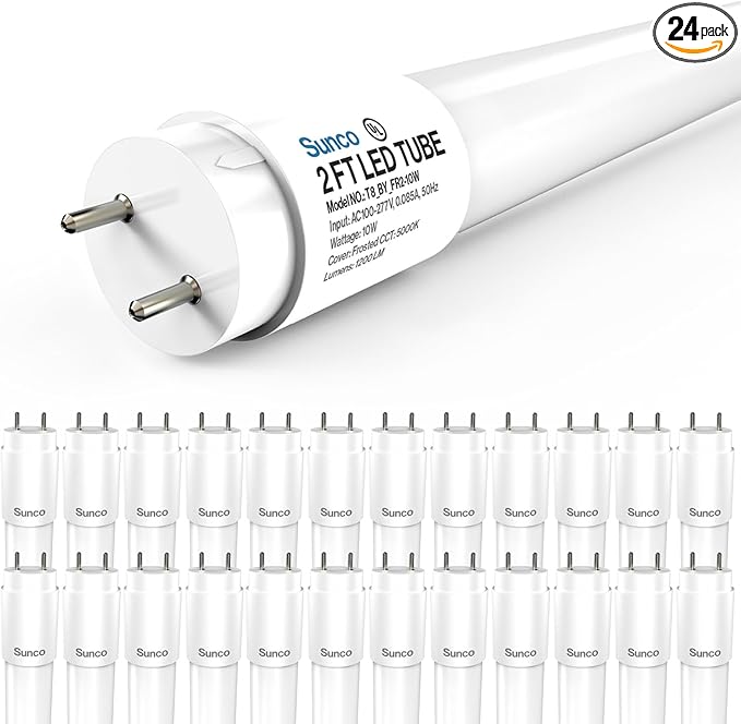 Sunco 24 Pack 2ft LED T8 Clear Glass Tube for Indoor Replacement Fluorescent Commercial Office Hallway Warehouse, Type B, 10W 1200 Lumens, 5000K Daylight, Non-Dimmable, 100-277V, 50,000 Hour Lifetime