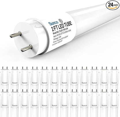 Sunco 24 Pack 2ft LED T8 Clear Glass Tube for Indoor Replacement Fluorescent Commercial Office Hallway Warehouse, Type B, 10W 1200 Lumens, 5000K Daylight, Non-Dimmable, 100-277V, 50,000 Hour Lifetime