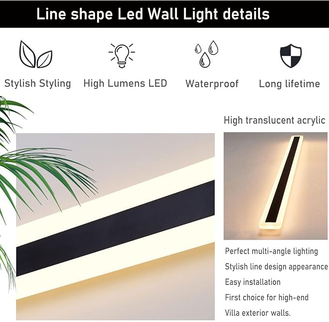 2 Pack 23.6INCH Long Outdoor LED Wall Lights,18W Waterproof IP65 Warm White led Wall Light Rectangular Black Wall Light,led Porch Lights Outdoor Wall Elegant Frosted White Acrylic Anti Rust