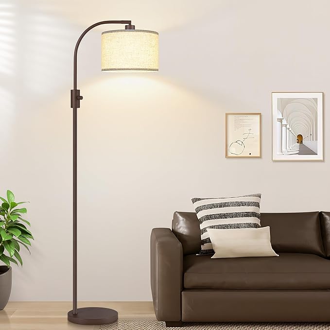 【Upgraded】 Dimmable Matte Brown Floor Lamp, 1200 Lumens LED Bulb Included, Arc Floor Lamps for Living Room Modern Standing Lamp with Linen Shade, Tall Lamp for Living Room Bedroom Office Reading Room