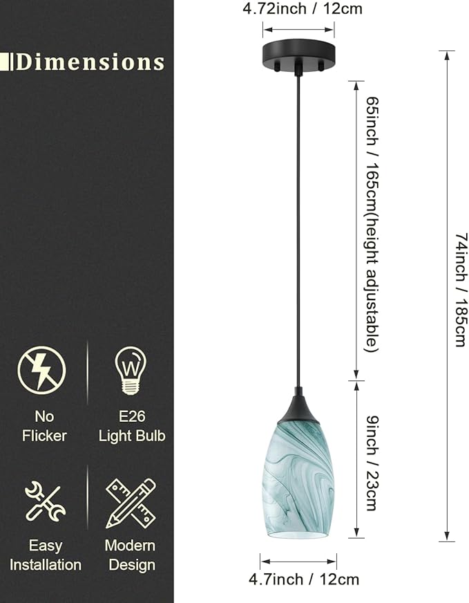 ANYLOVE Vintage Art White-Green Stripe Pendant Lighting,1-Pack Hand Glass Hanging Light Fixture,Adjustable Cord for Kitchen,Hallway,Dining Room