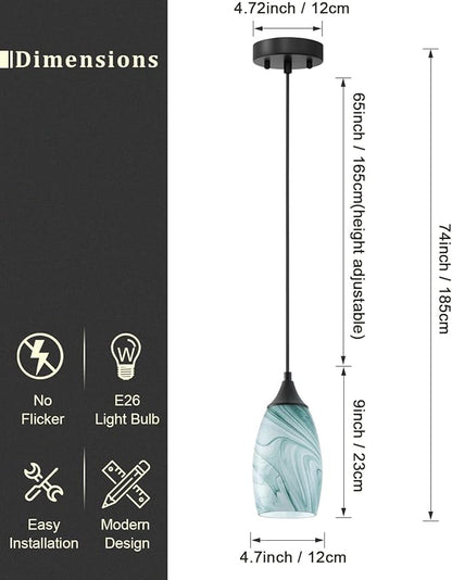 ANYLOVE Vintage Art White-Green Stripe Pendant Lighting,1-Pack Hand Glass Hanging Light Fixture,Adjustable Cord for Kitchen,Hallway,Dining Room