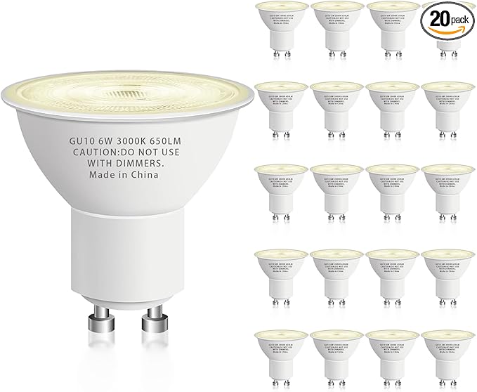 GU10 Led Bulb 6W Equivalent 50W, MR16 Led Bulb 3000K Soft White Light Bulbs, 650 Lumens, Non-Dimmable, GU10 Base, 2 Prong Track Energy Saving Light Bulbs for Kitchen, Living Room, Bedroom, 20 Pack