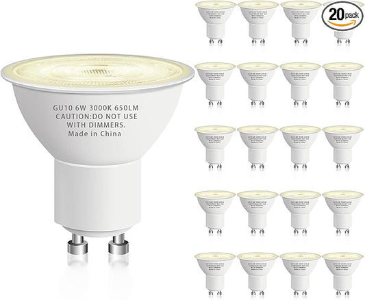 GU10 Led Bulb 6W Equivalent 50W, MR16 Led Bulb 3000K Soft White Light Bulbs, 650 Lumens, Non-Dimmable, GU10 Base, 2 Prong Track Energy Saving Light Bulbs for Kitchen, Living Room, Bedroom, 20 Pack