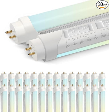 30PK T8 LED Tube Bulbs 4 Foot, Frosted 10W-22W 5 Watt Selectable 5 CCT 3500K-6500K, Type A+B Plug & Play or Ballast Bypass 4ft Fluorescent Light Bulbs Replacement, Single or Double-Ended