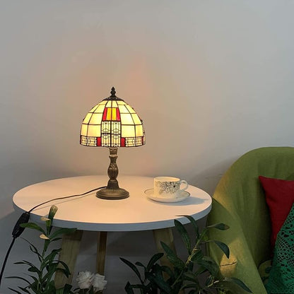 Bieye L10728 Color Block Tiffany Style Stained Glass Table Lamp with 8-inch Wide Lampshade for Bedside Bedroom Living Room, 13" H