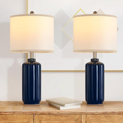 Lamp for Living Room Bedroom Lamps Farmhouse Table Lamps Set of 2 Vertical Stripe Ceramic Table Lamp,Linen Shade with Bulb, 25 in High,Navy Blue