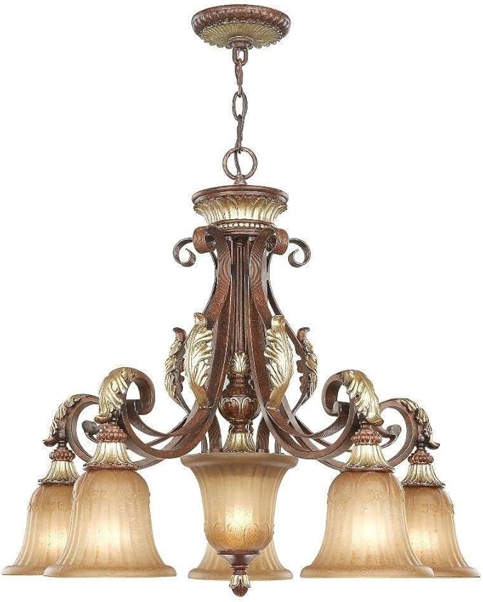 Livex Lighting 8575-63 Villa Verona 5 Light Verona Bronze Finish Chandelier with Aged Gold Leaf Accents and Rustic Art Glass