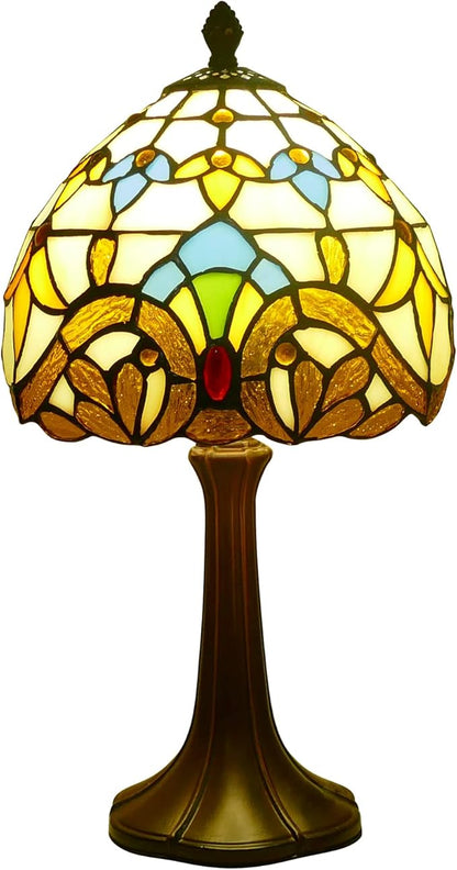 Tiffany Table Lamp Beige Baroque 8 Inch Wide Vintage Bedside Table Lamp Night Light Stained Glass Lamp Antique Art Craft Gifts Alloy Base 15 Inch Tall Vintage Reading Lamp